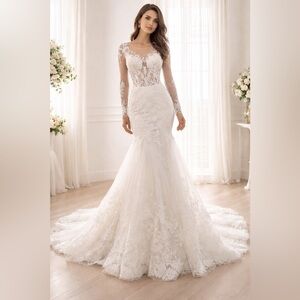 NWT Lace Mermaid Wedding Dress Illusion Long Sleeve Bridal Gown